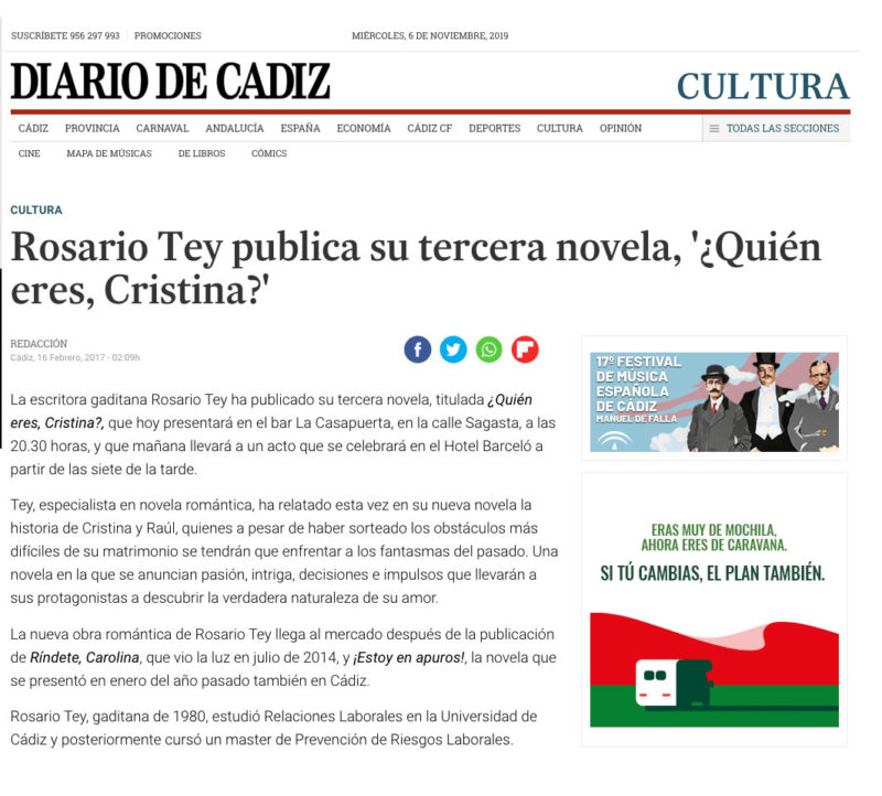 Rosario Tey presenta su tercera novela, "¿Quién eres, Cristina?"